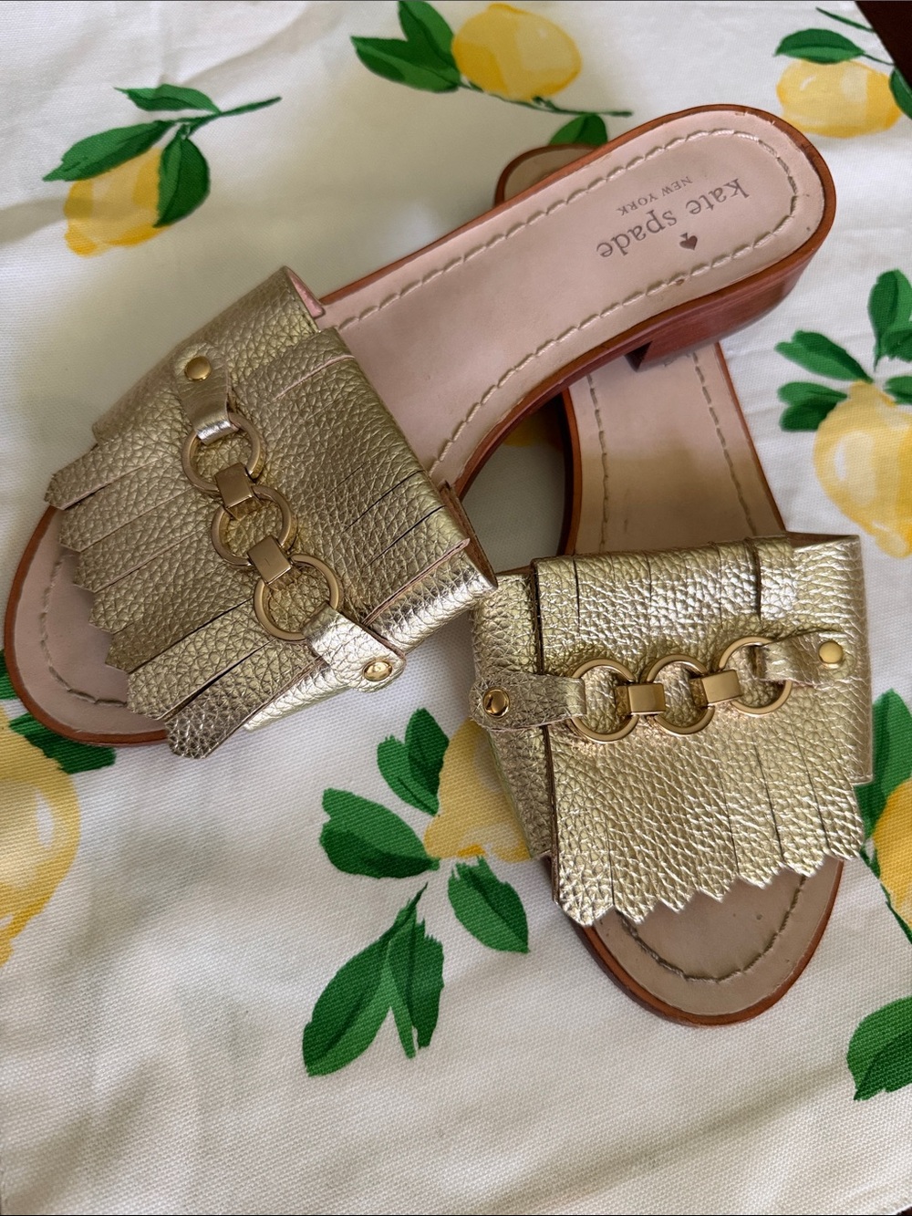 kate spade Gold Leather Fringe Slide Mules with Chain Detail